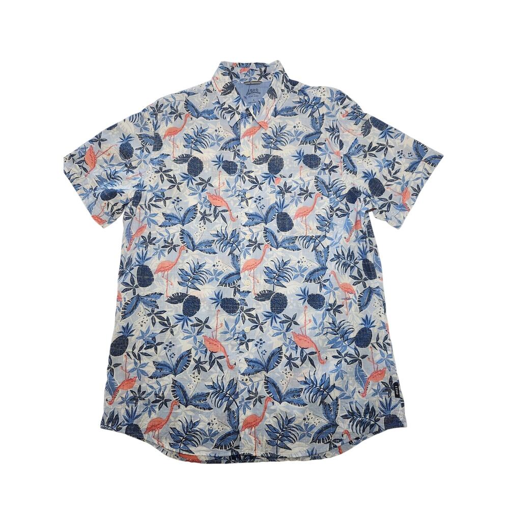 IZOD Men's Cotton Flamingo Tropical Short Sleeve Shirt Sky Blue Sz L Coastal